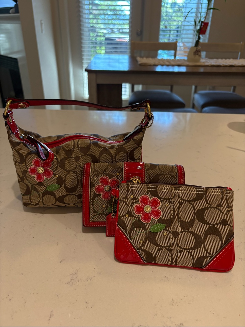 Coach Khaki Canvas Shoulder Bag Set with Red Floral Trim